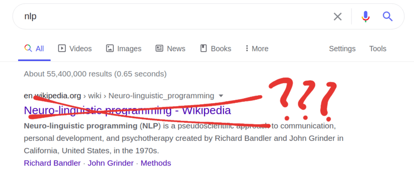 What is NLP? NLP stands for natural language processing, but Google still shows Neuro-linguistic programming as the top result for search 'nlp' (screenshot)