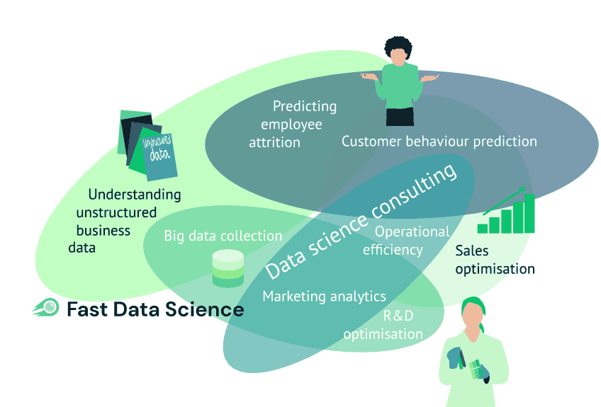 A Venn diagram showing some of the results a data science consultant can achieve for a business