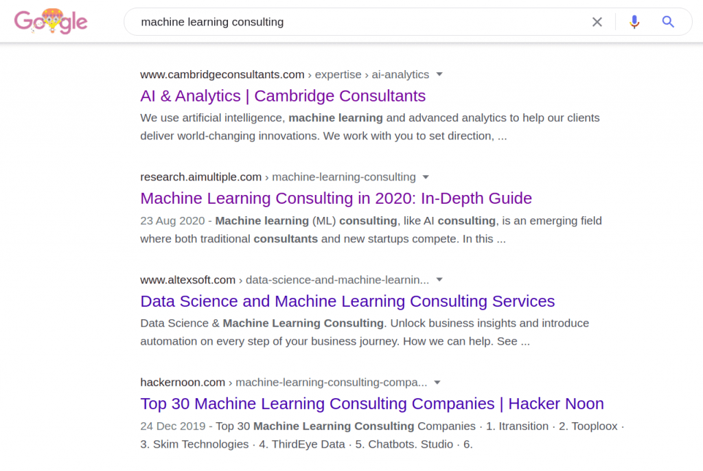 Google results for machine learning consulting