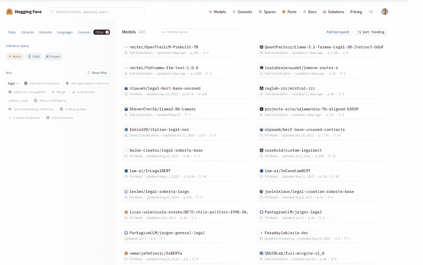 HuggingFace Hub had 605 legal models at the time of writing