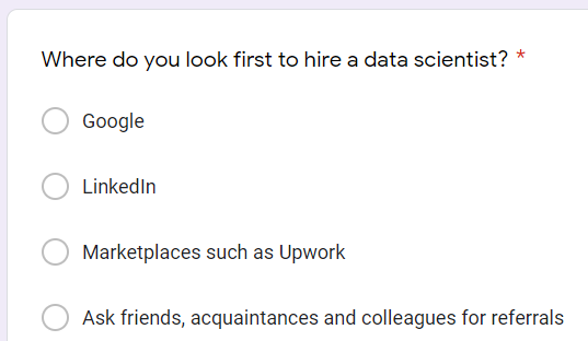 Data science example of a closed-ended multiple-choice question in a survey. The user must choose one of the options.