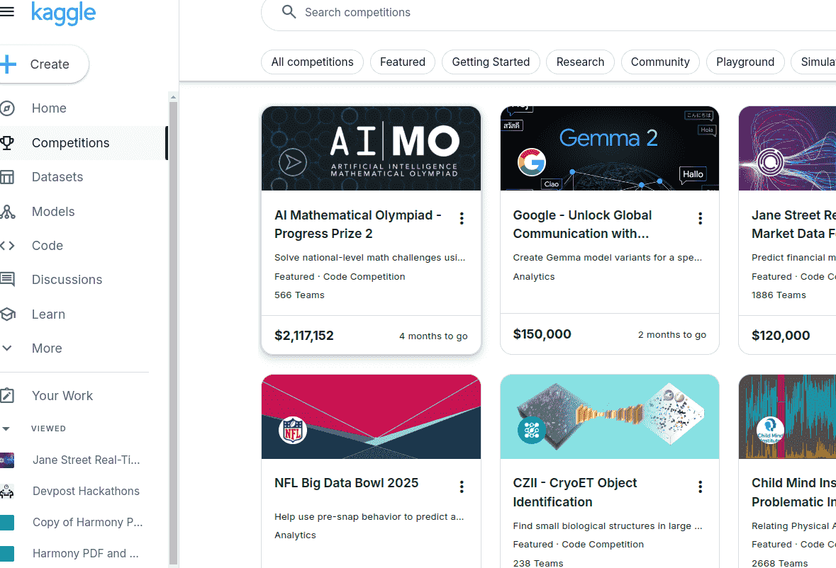 screenshot of the main page of Kaggle