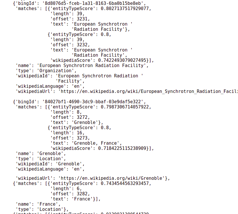 Output of a named entity recognition algorithm. This takes an English sentence and identifies all words mentioned which refer to entities, providing Wikipedia links where applicable and assigning a confidence score to each one.