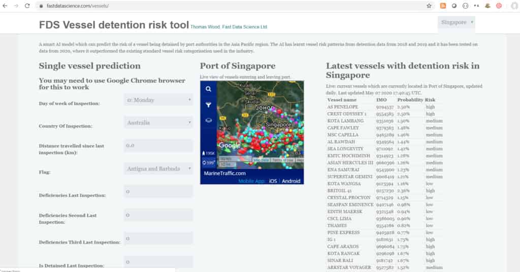 A machine learning model running in a web interface to predict vessel detention risk