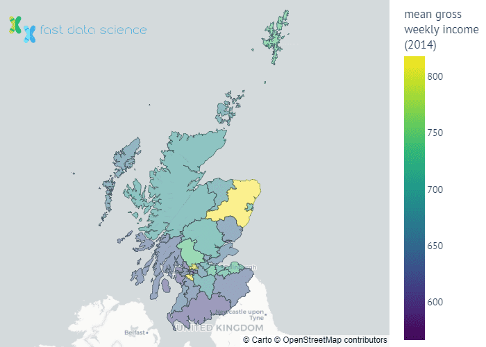 Mean gross weekly income by region of Scotland. This was a confounder for the causal machine learning investigation into student outcomes.